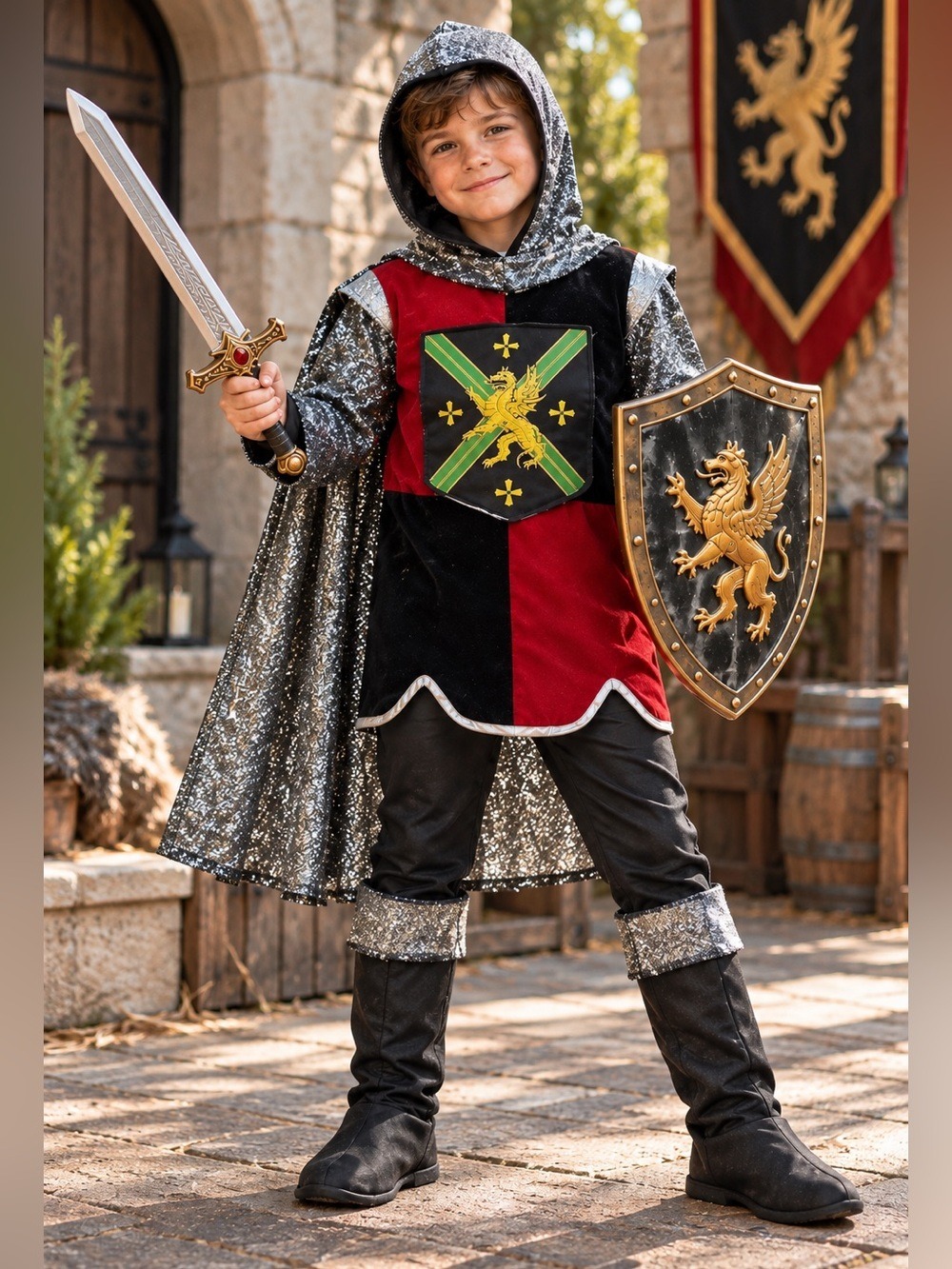 Medieval Knight Costume Cape Boot Covers Medium (9-10 yo)